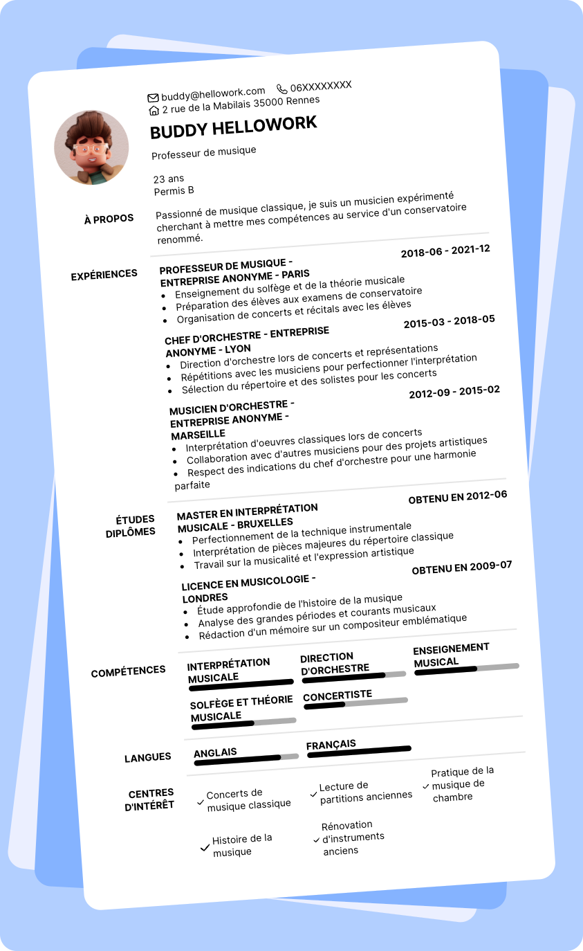 Modèle CV Conservatoire musique Exemple CV Conservatoire musique