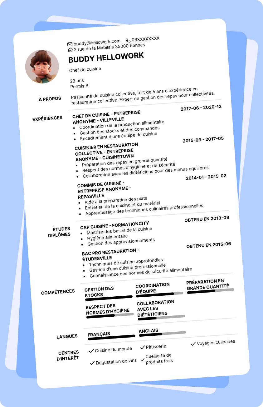 Modèle CV Cuisine collective Exemple CV Cuisine collective
