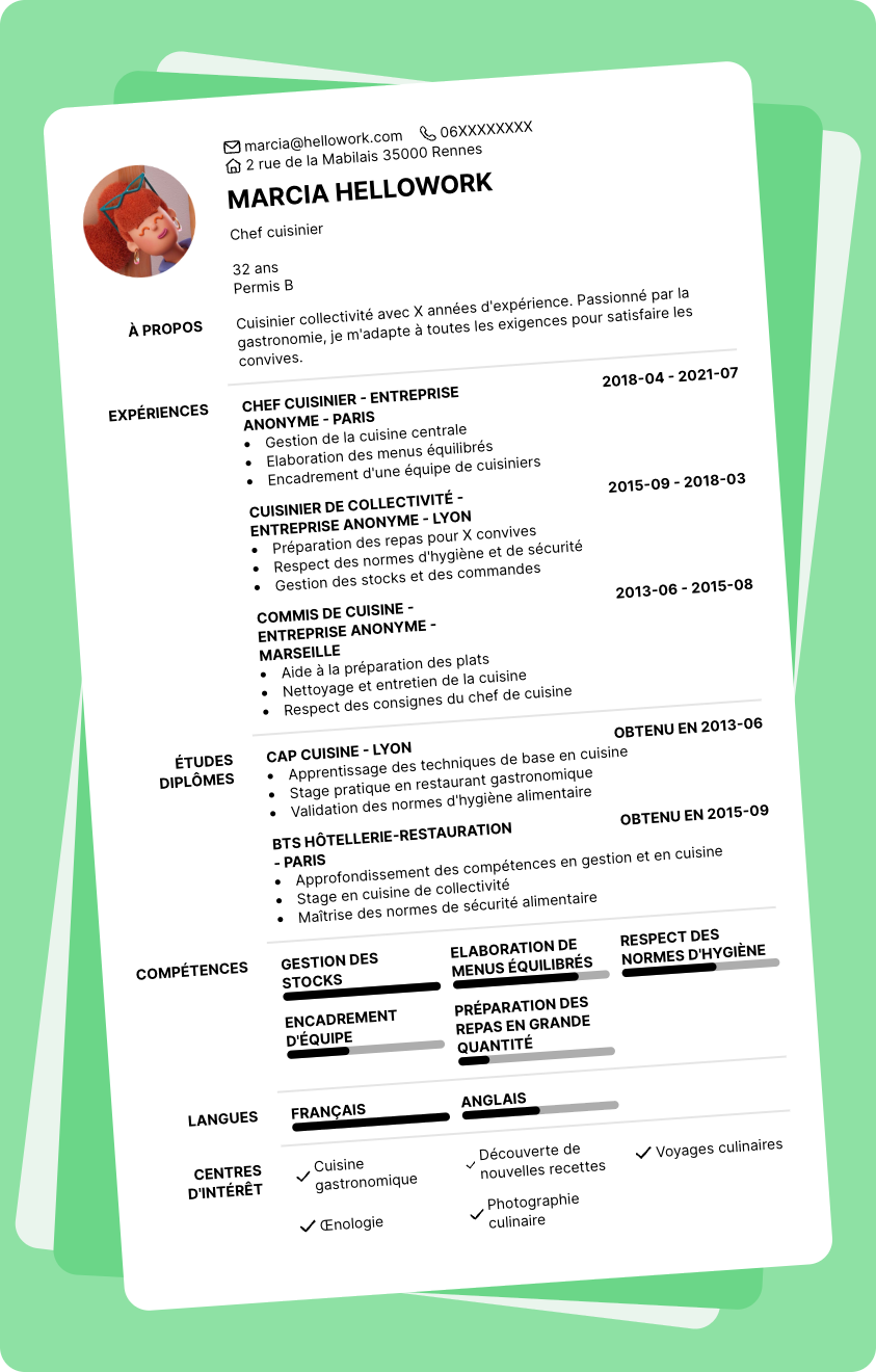 Exemple CV Cuisinier collectivité