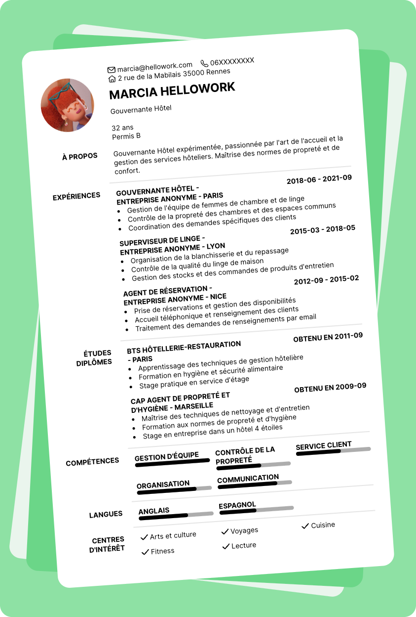 Exemple CV Gouvernante Hotel