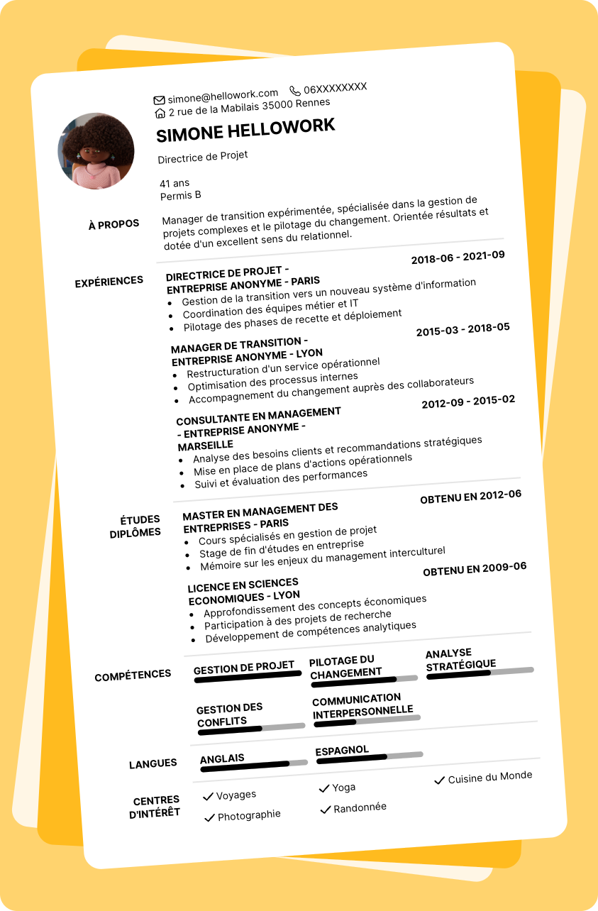 Modèle CV Manager de transition Exemple CV Manager de transition