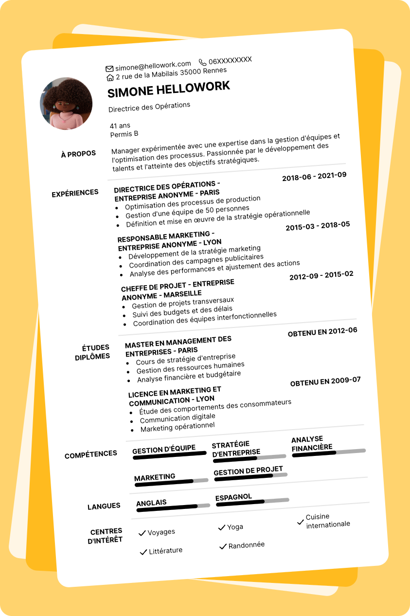 Modèle CV Manager Exemple CV Manager