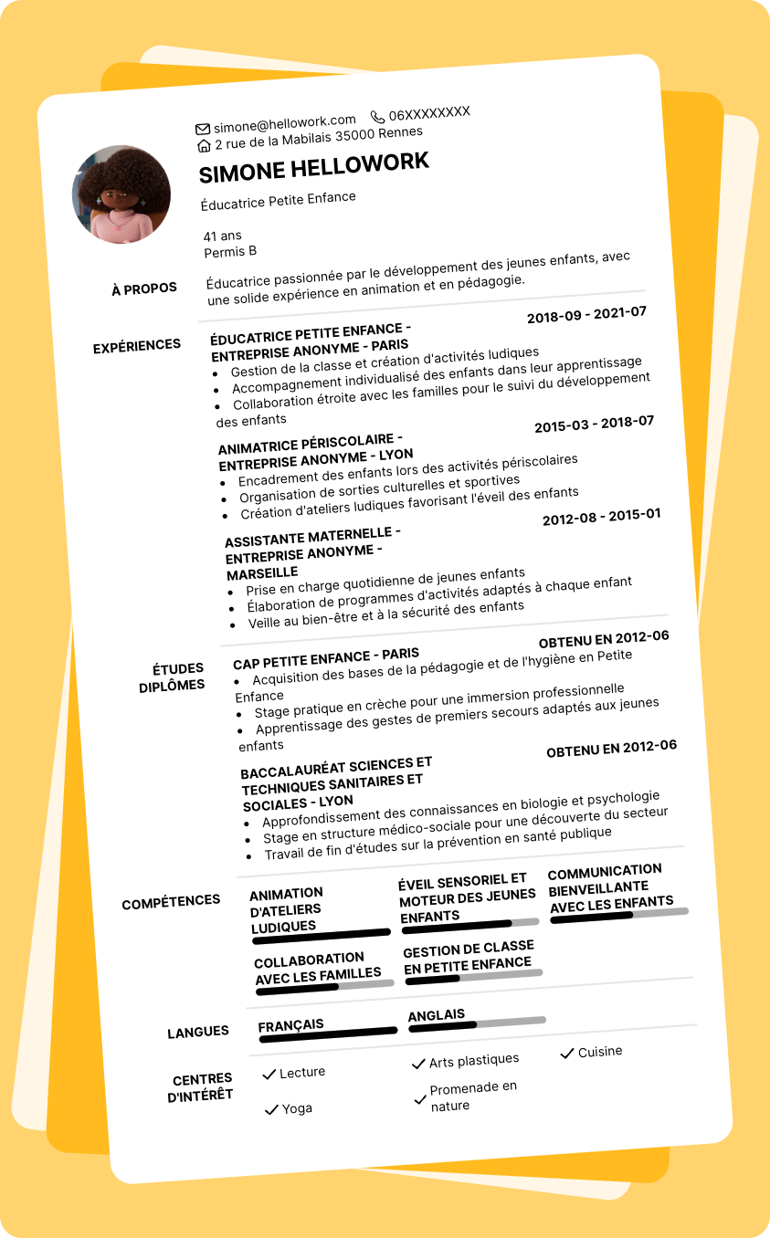 Modèle CV Petite enfance Exemple CV Petite enfance