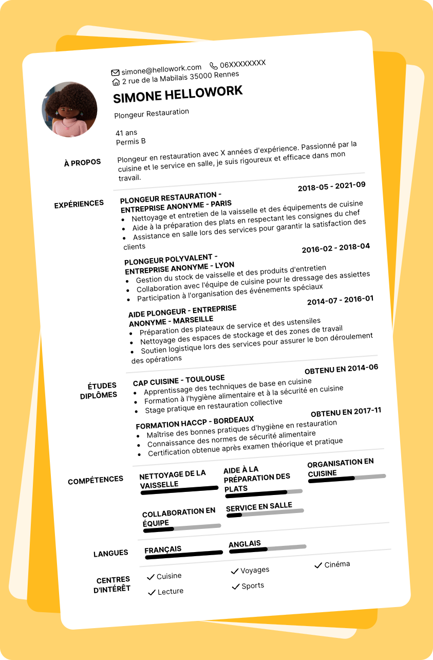 Exemple CV Plongeur Restauration