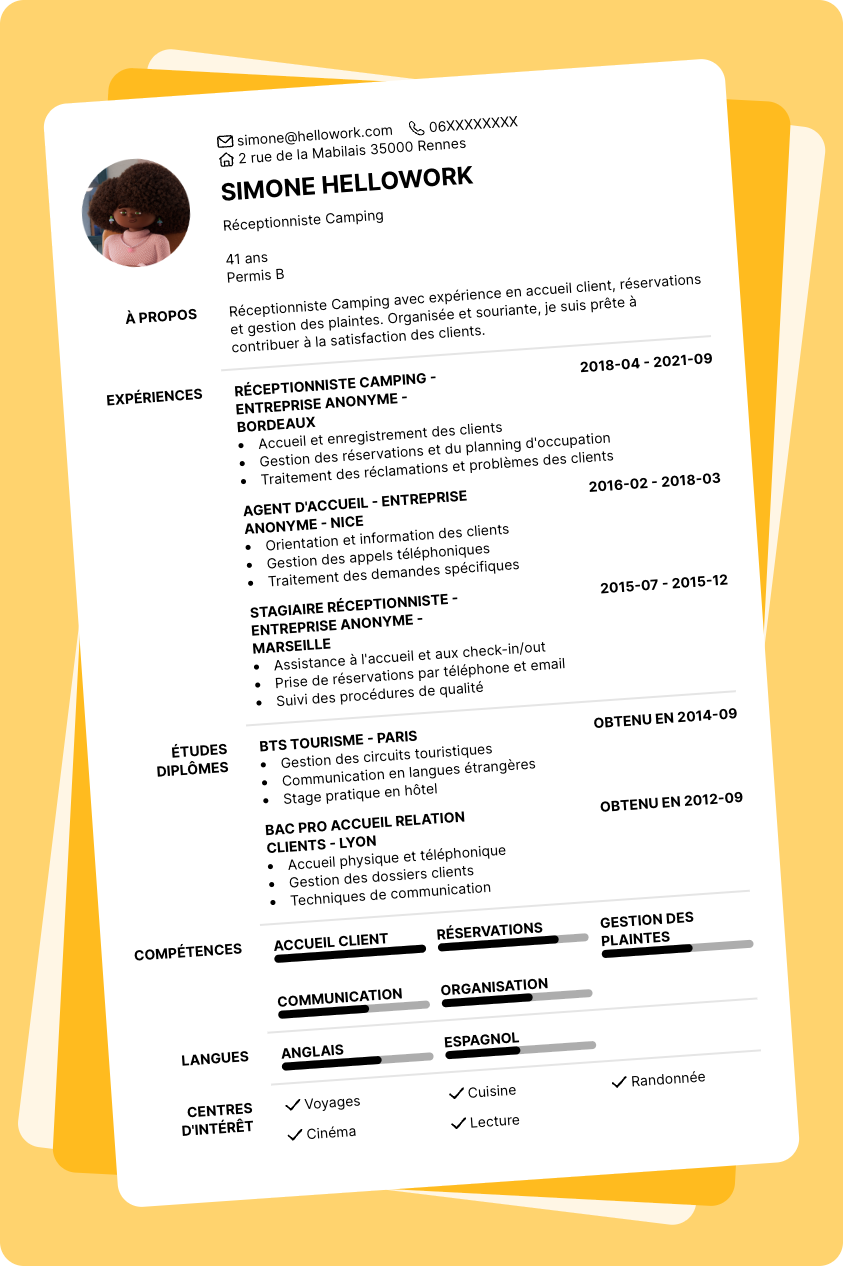 Exemple CV Receptionniste Camping