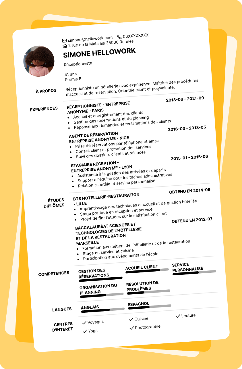 Exemple CV Receptionniste Hotellerie