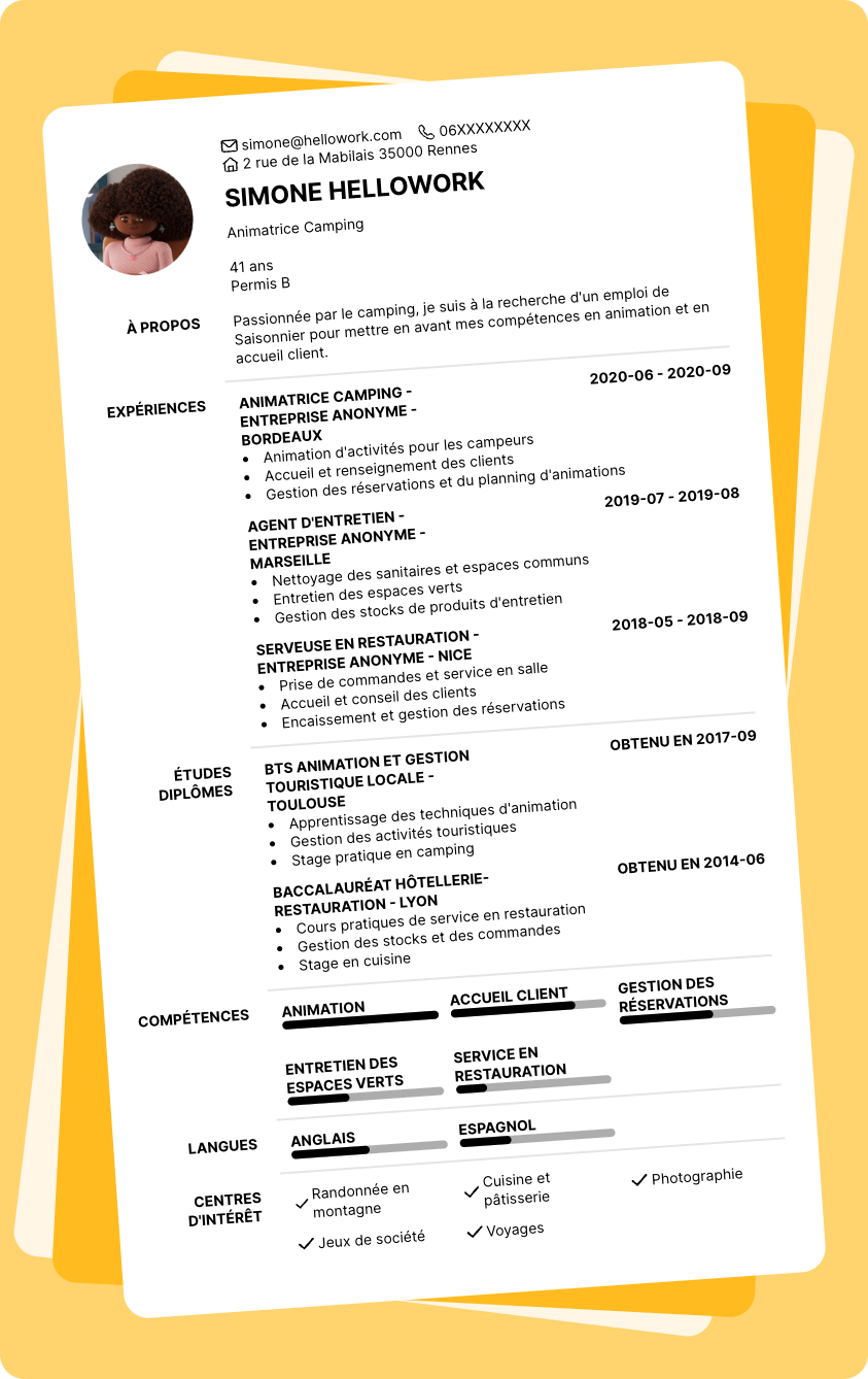Exemple CV Saisonnier camping
