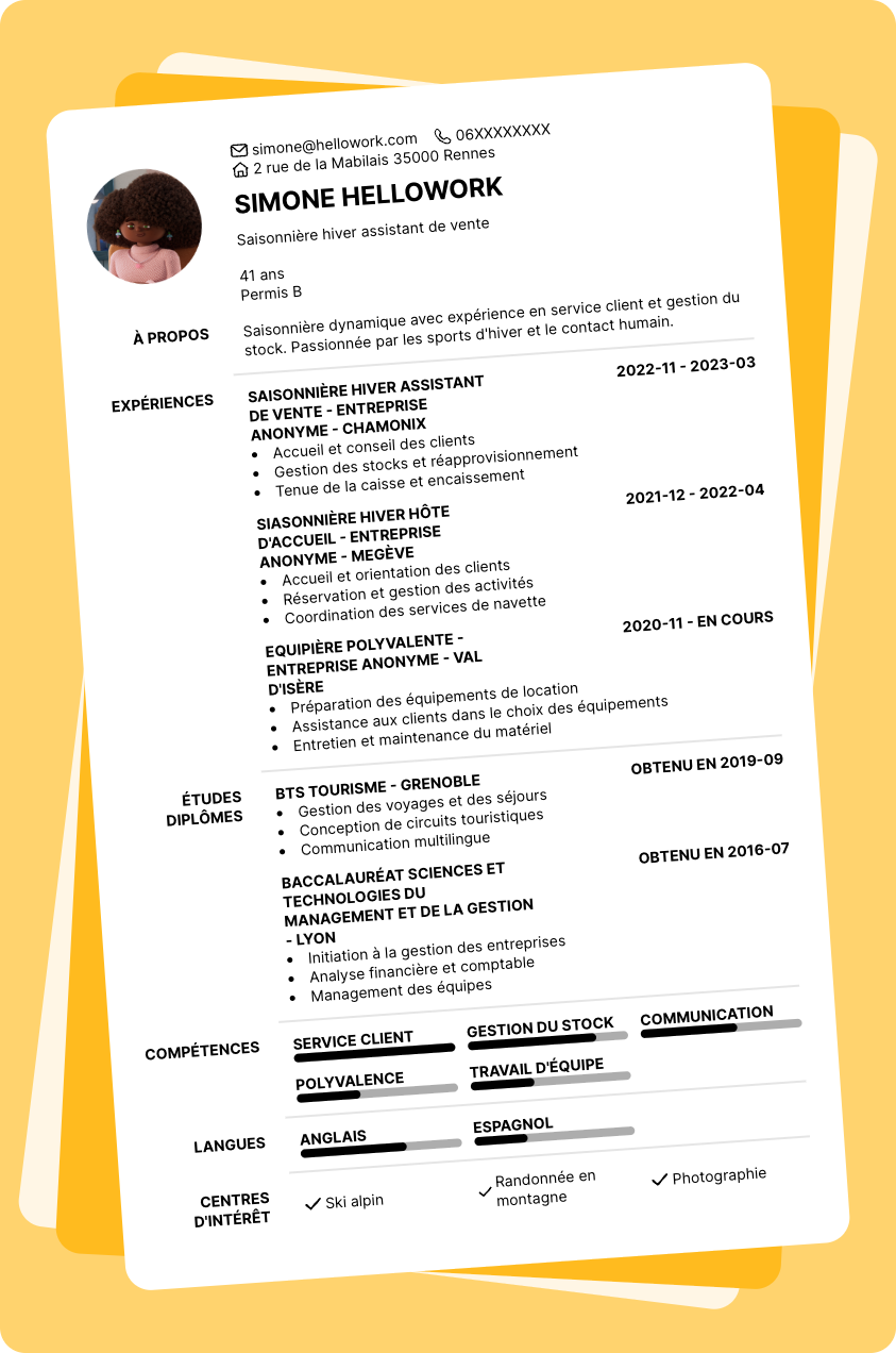Modèle CV Saisonnier Hiver Exemple CV Saisonnier Hiver