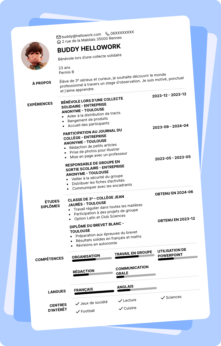 Modèle CV Stage 3ème Exemple CV Stage 3ème