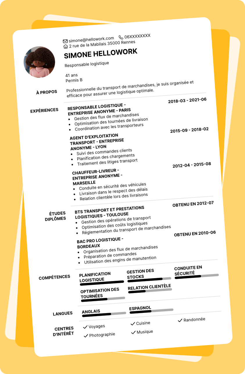 Modèle CV Transport de marchandise Exemple CV Transport de marchandise