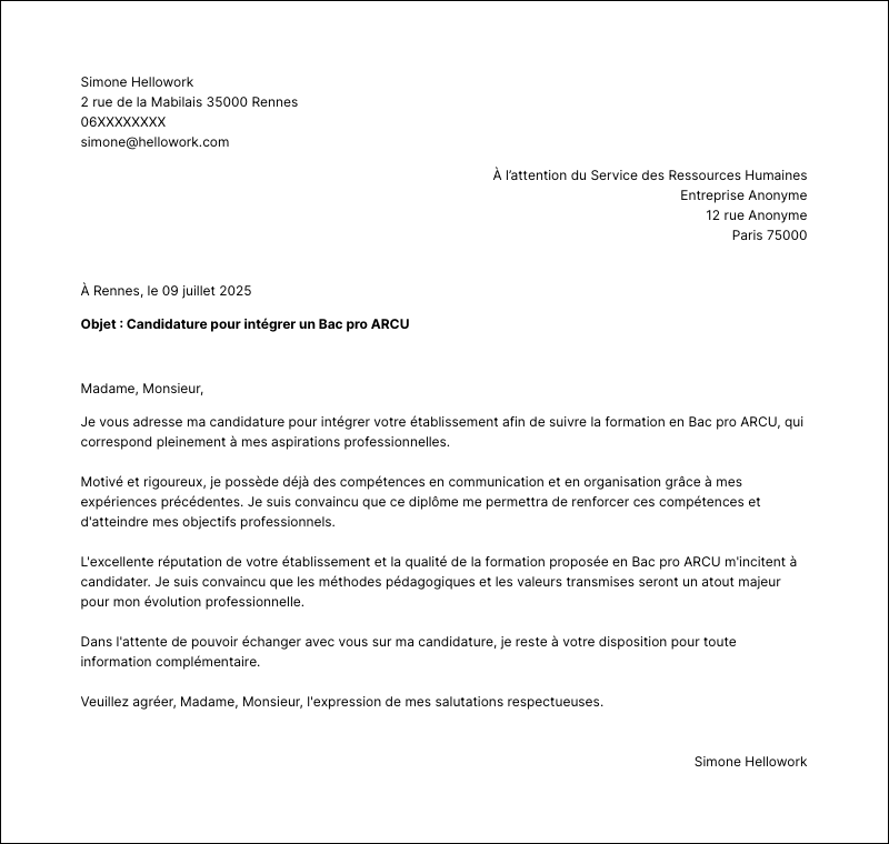 Modèle lettre de motivation Bac pro ARCU Exemple lettre de motivation Bac pro ARCU