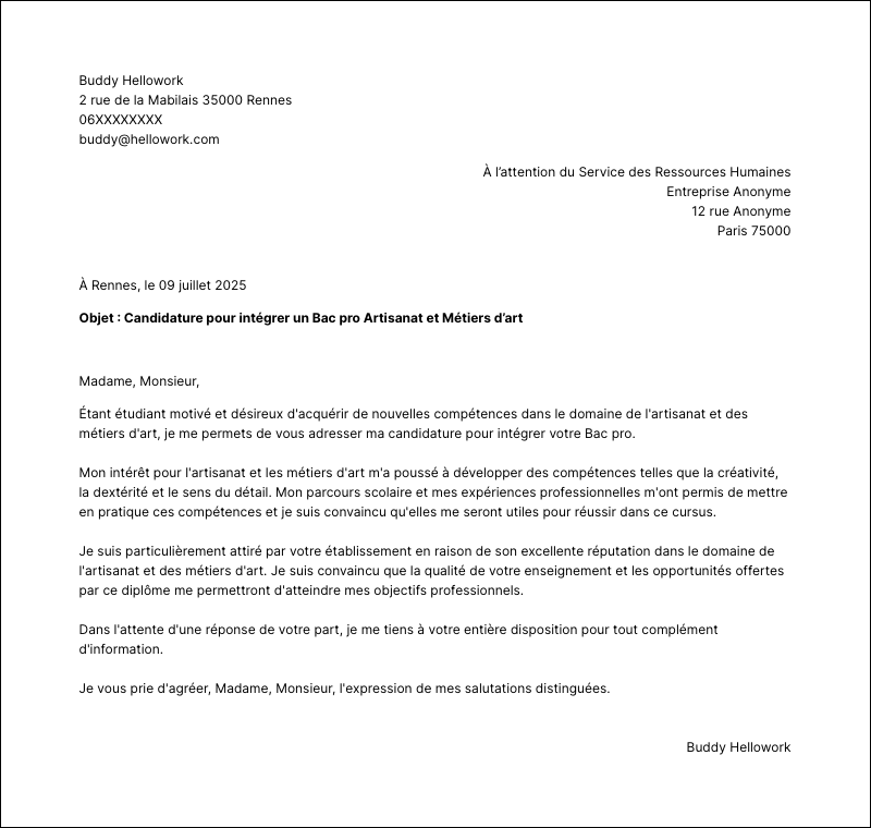 Exemple lettre de motivation Bac pro Artisanat et Métiers d’art