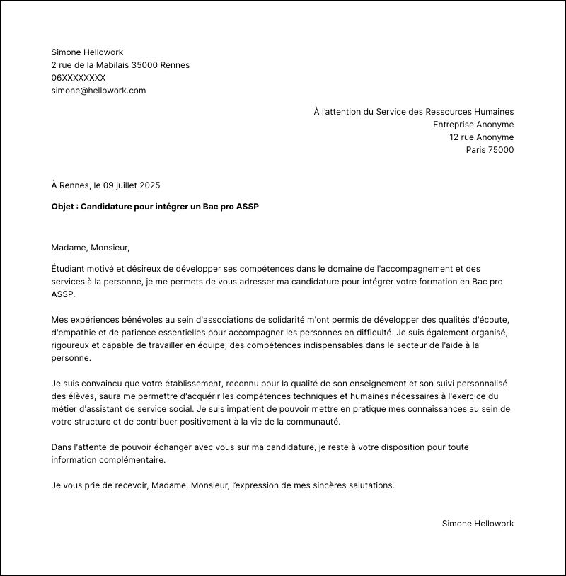 Modèle lettre de motivation Bac pro ASSP Exemple lettre de motivation Bac pro ASSP