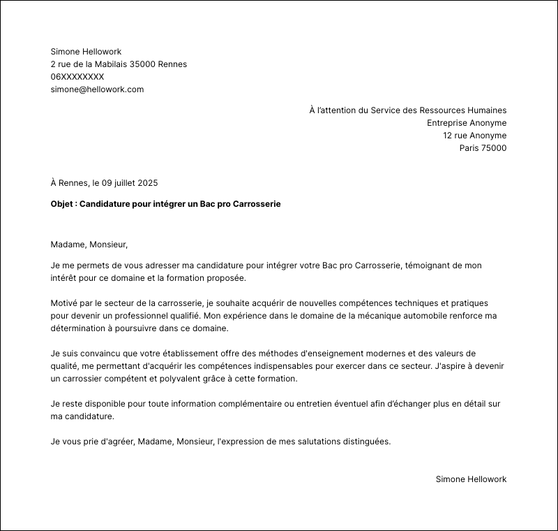 Exemple lettre de motivation Bac pro Carrosserie