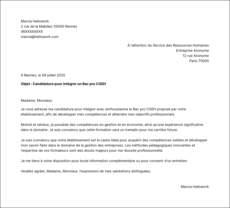 Exemple lettre de motivation Bac pro CGEH