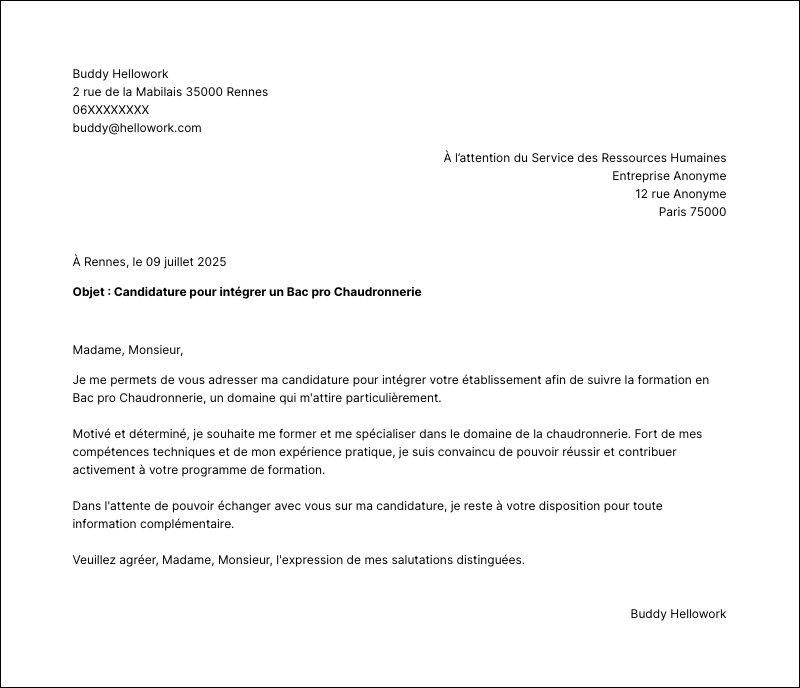 Modèle lettre de motivation Bac pro Chaudronnerie Exemple lettre de motivation Bac pro Chaudronnerie