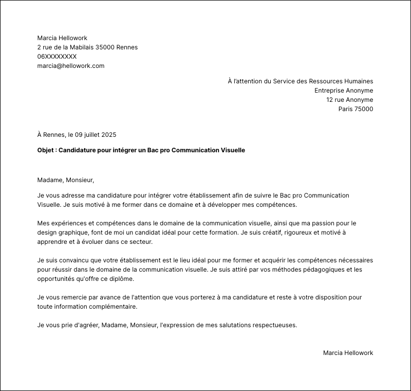 Exemple lettre de motivation Bac pro Communication Visuelle