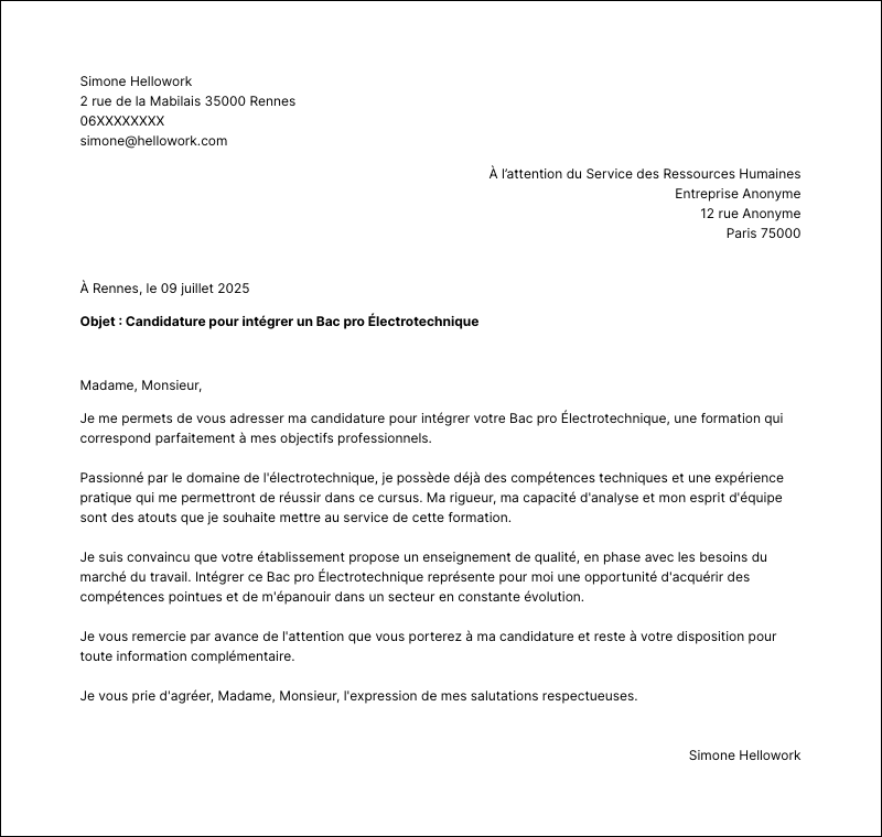 Modèle lettre de motivation Bac pro Électrotechnique Exemple lettre de motivation Bac pro Électrotechnique
