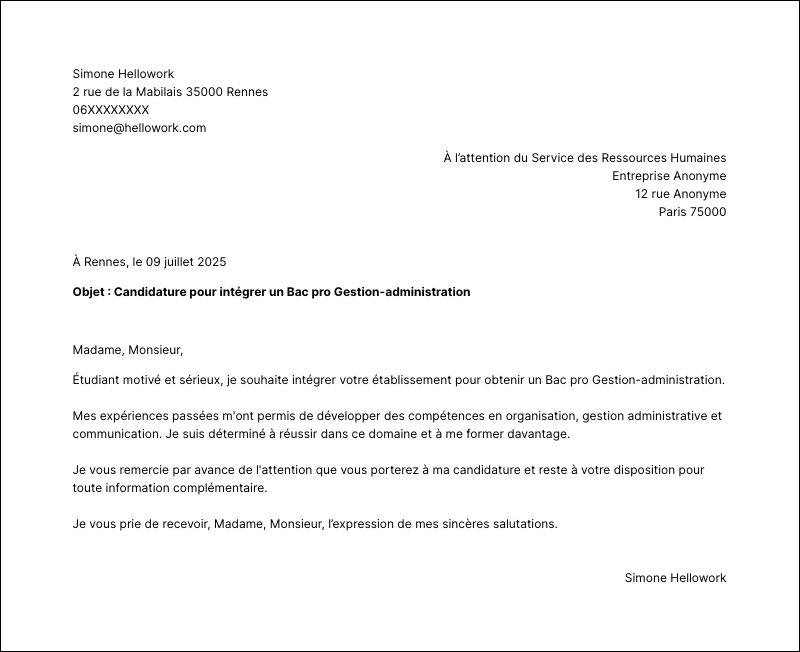 Modèle lettre de motivation Bac pro Gestion-administration Exemple lettre de motivation Bac pro Gestion-administration