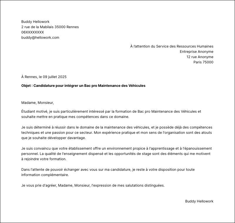 Modèle lettre de motivation Bac pro Maintenance des Véhicules Exemple lettre de motivation Bac pro Maintenance des Véhicules