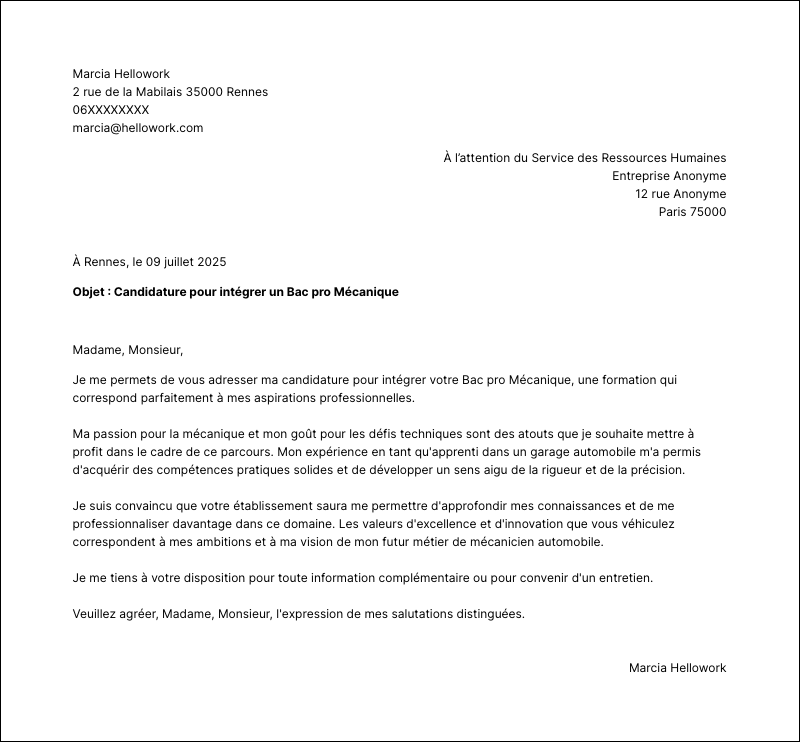 Exemple lettre de motivation Bac pro Mécanique