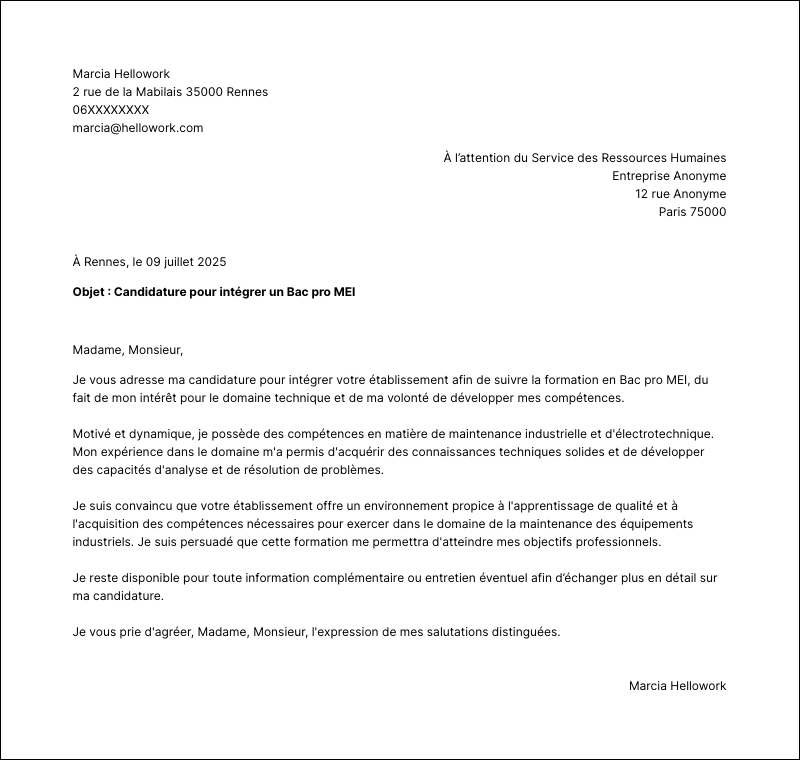 Modèle lettre de motivation Bac pro MEI Exemple lettre de motivation Bac pro MEI