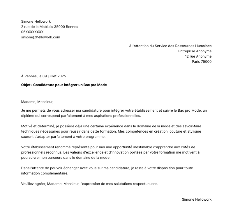 Modèle lettre de motivation Bac pro Mode Exemple lettre de motivation Bac pro Mode