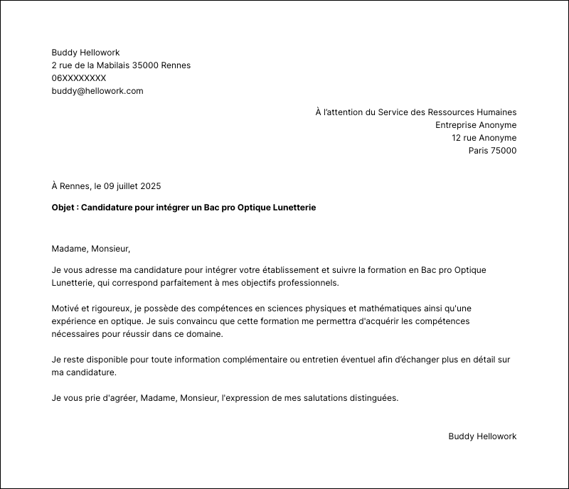 Modèle lettre de motivation Bac pro Optique Lunetterie Exemple lettre de motivation Bac pro Optique Lunetterie