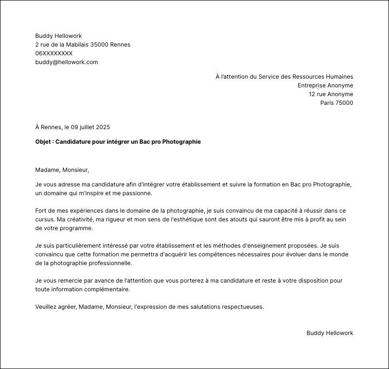 Exemple lettre de motivation Bac pro Photographie