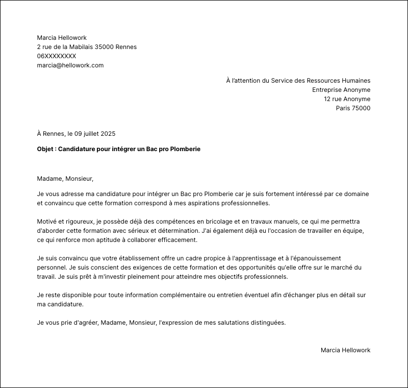 Exemple lettre de motivation Bac pro Plomberie