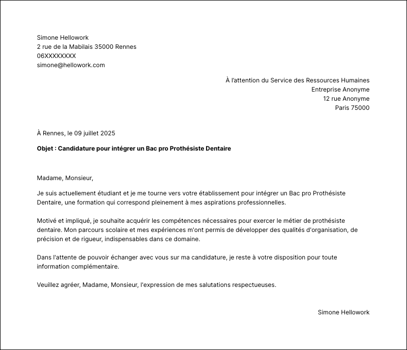 Modèle lettre de motivation Bac pro Prothésiste Dentaire Exemple lettre de motivation Bac pro Prothésiste Dentaire
