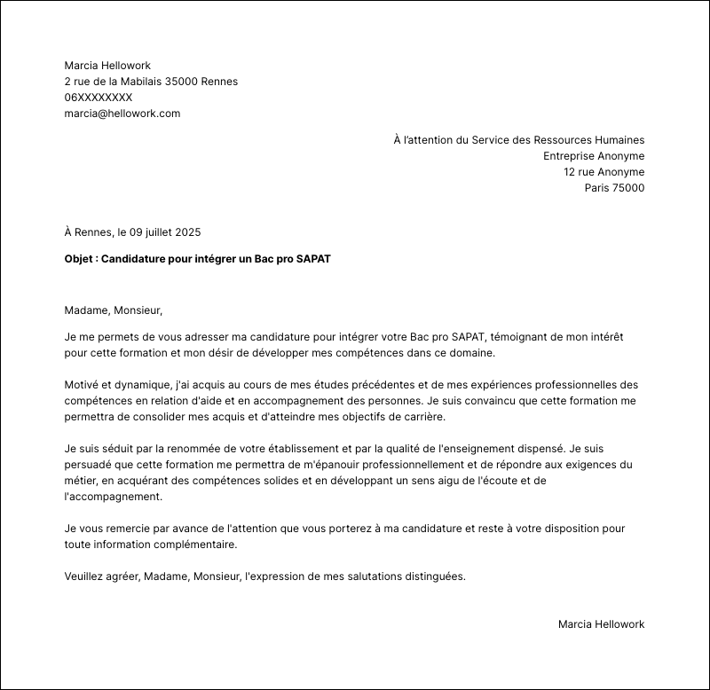 Modèle lettre de motivation Bac pro SAPAT Exemple lettre de motivation Bac pro SAPAT