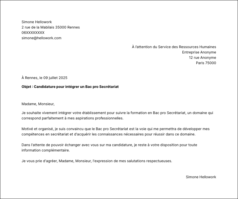 Modèle lettre de motivation Bac pro Secrétariat Exemple lettre de motivation Bac pro Secrétariat