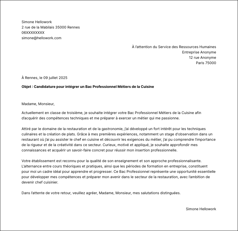 Modèle lettre de motivation Bac pro Exemple lettre de motivation Bac pro