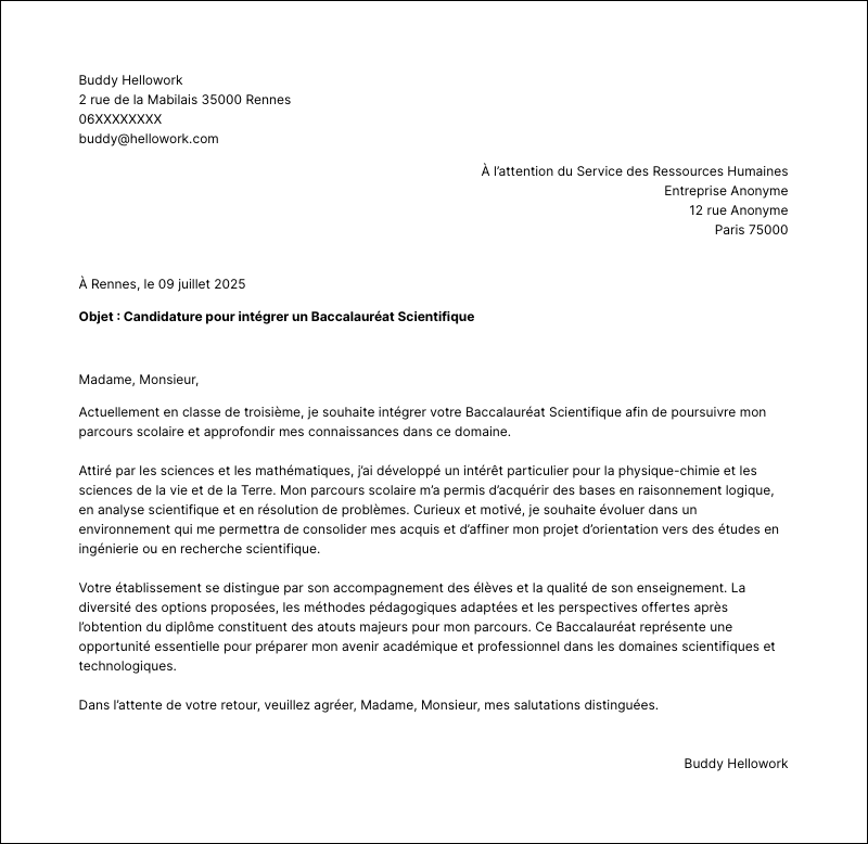 Modèle lettre de motivation Bac Exemple lettre de motivation Bac