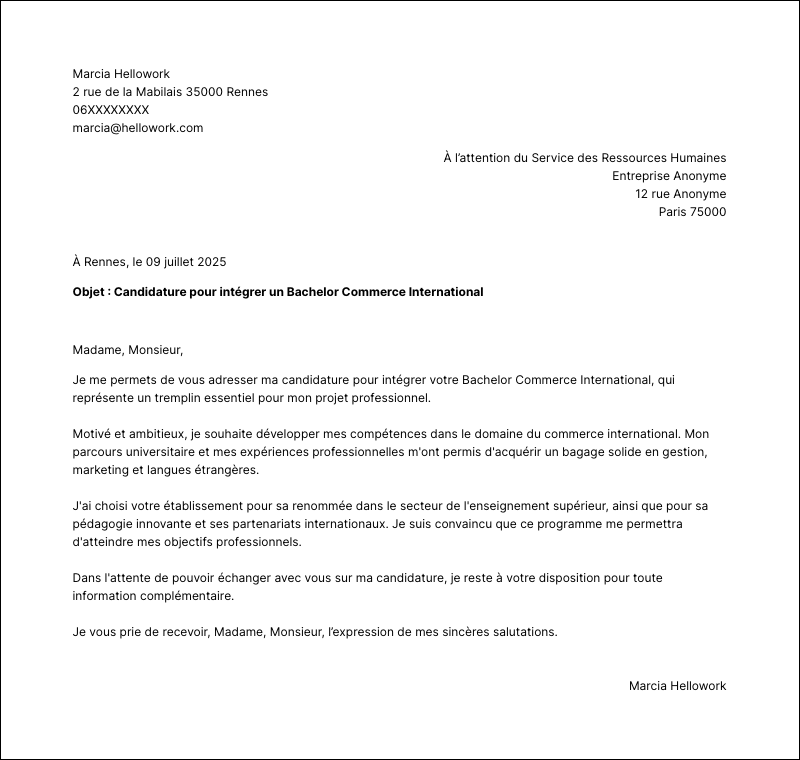 Modèle lettre de motivation Bachelor Commerce International Exemple lettre de motivation Bachelor Commerce International