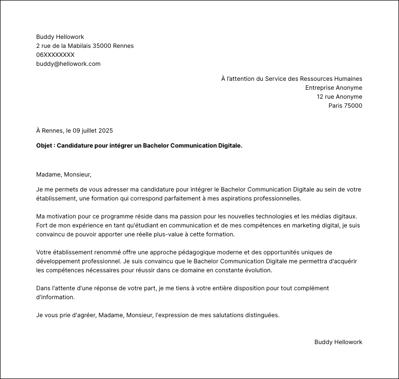 Modèle lettre de motivation Bachelor Communication Digitale Exemple lettre de motivation Bachelor Communication Digitale