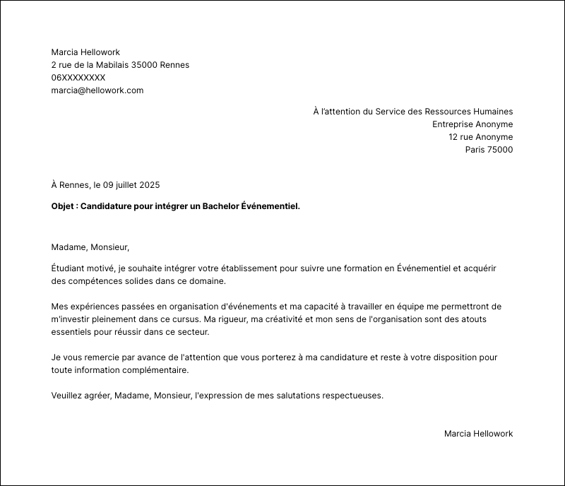 Exemple lettre de motivation Bachelor Événementiel