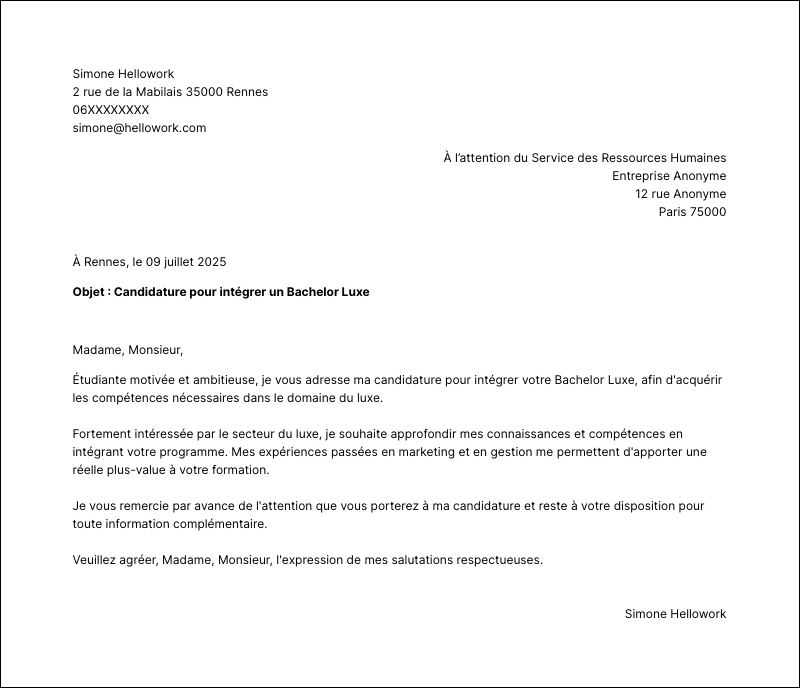 Modèle lettre de motivation Bachelor Luxe Exemple lettre de motivation Bachelor Luxe