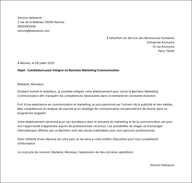 Modèle lettre de motivation Bachelor Marketing Communication Exemple lettre de motivation Bachelor Marketing Communication