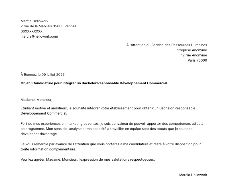Modèle lettre de motivation Bachelor Responsable Développement Commercial Exemple lettre de motivation Bachelor Responsable Développement Commercial