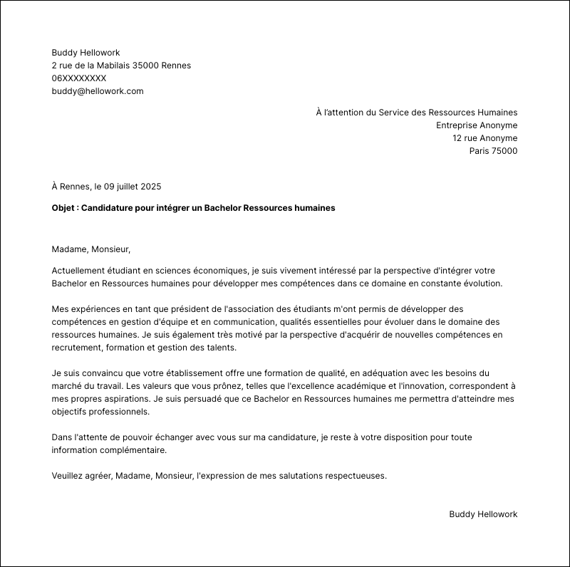 Exemple lettre de motivation Bachelor Ressources humaines