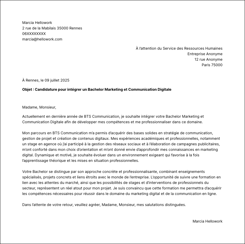 Modèle lettre de motivation Bachelor Exemple lettre de motivation Bachelor