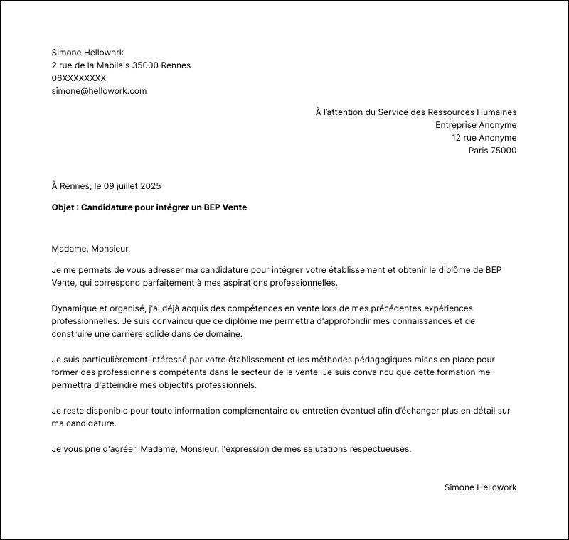 Modèle lettre de motivation BEP Vente Exemple lettre de motivation BEP Vente