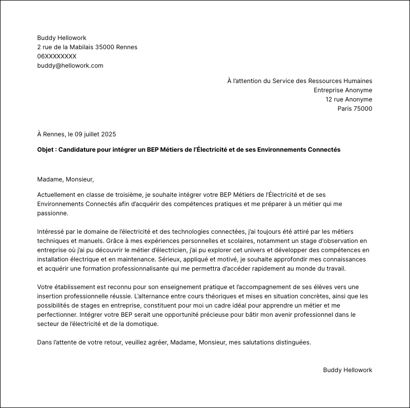 Exemple lettre de motivation BEP