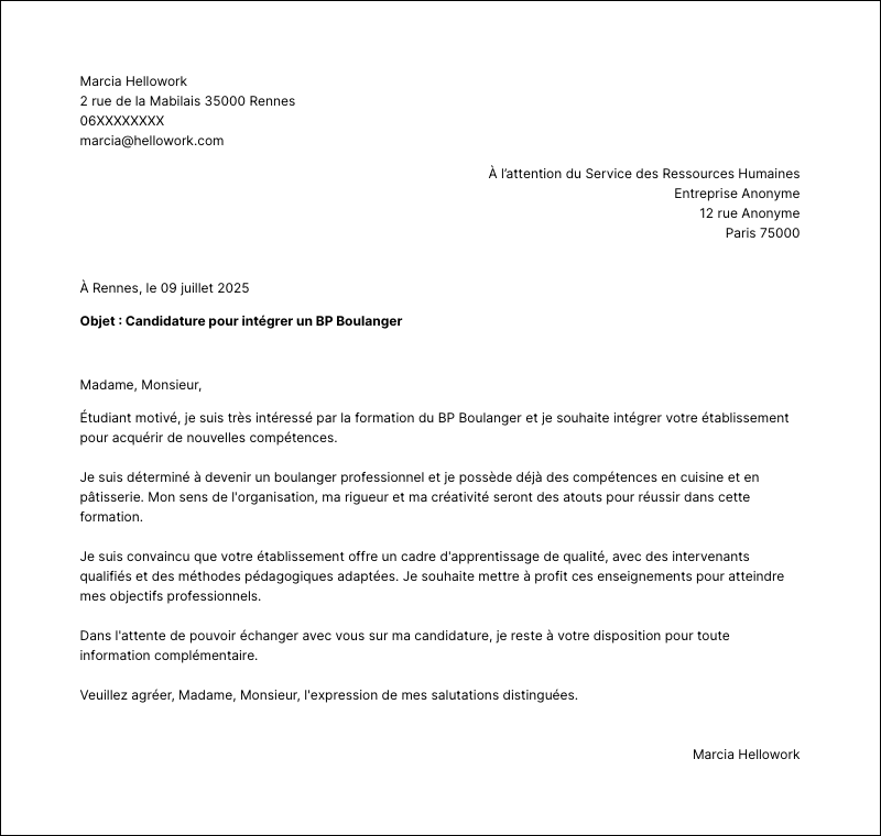 Exemple lettre de motivation BP Boulanger