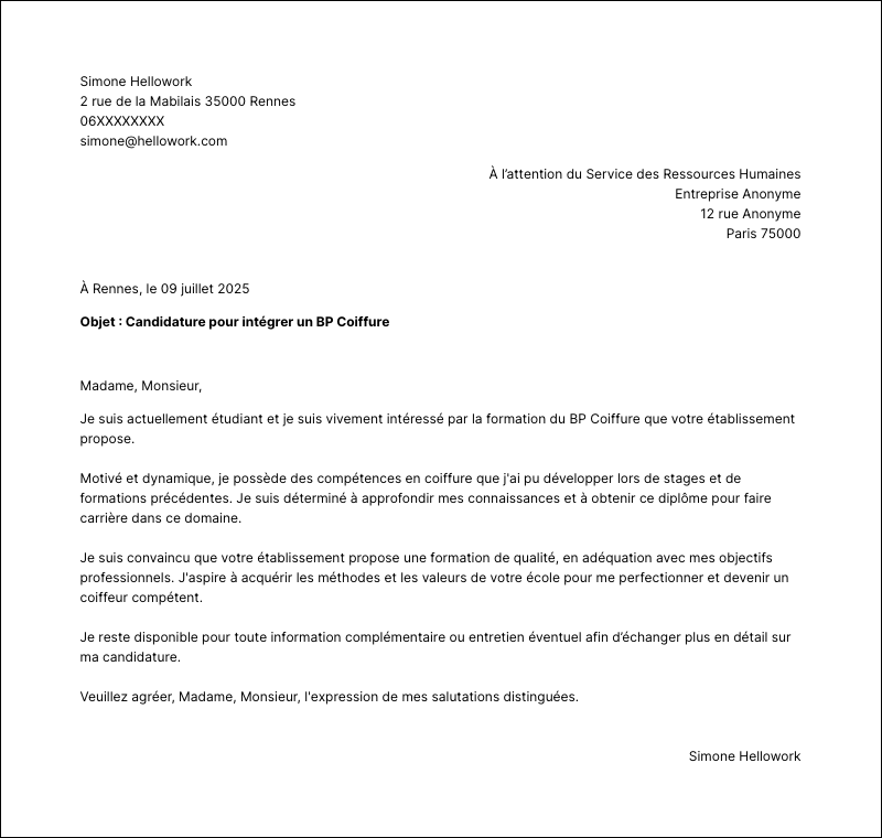 Modèle lettre de motivation BP Coiffure Exemple lettre de motivation BP Coiffure