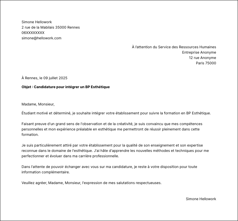 Exemple lettre de motivation BP Esthétique