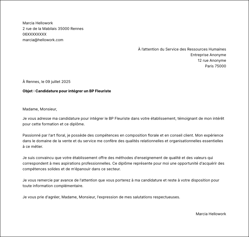 Exemple lettre de motivation BP Fleuriste