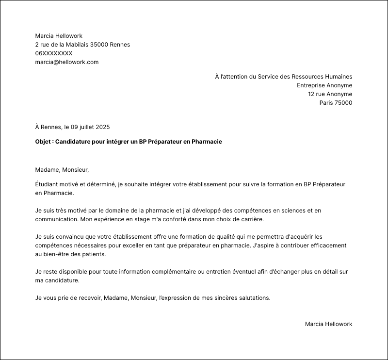 Modèle lettre de motivation BP Préparateur en Pharmacie Exemple lettre de motivation BP Préparateur en Pharmacie